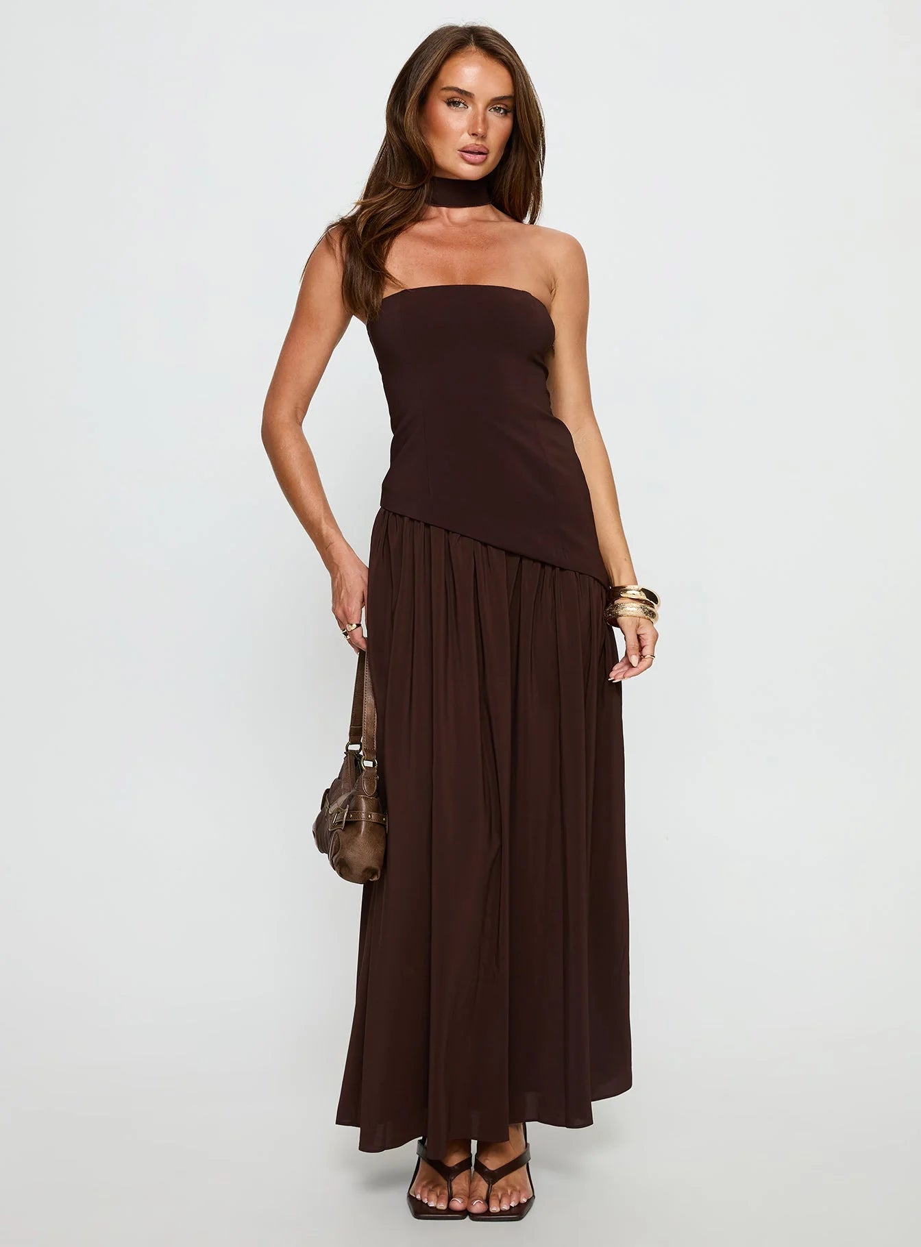 Odela Strapless Scarf Drop Waist Maxi Dress - Chocolate