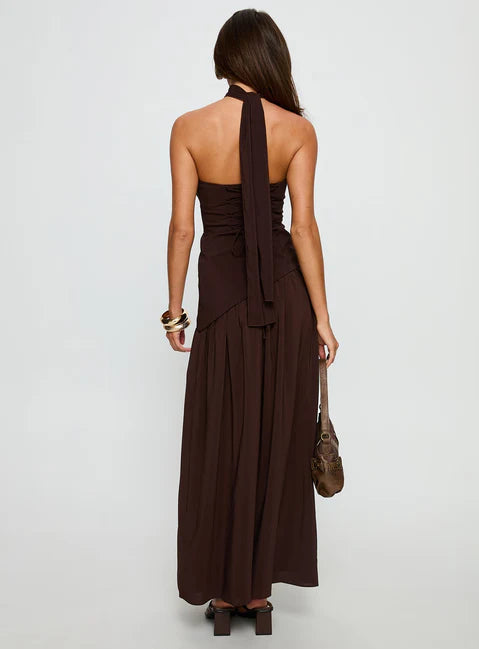 Odela Strapless Scarf Drop Waist Maxi Dress - Chocolate