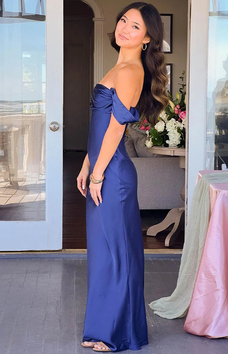 Ella Off Shoulder Crepe Formal Maxi Dress - Navy